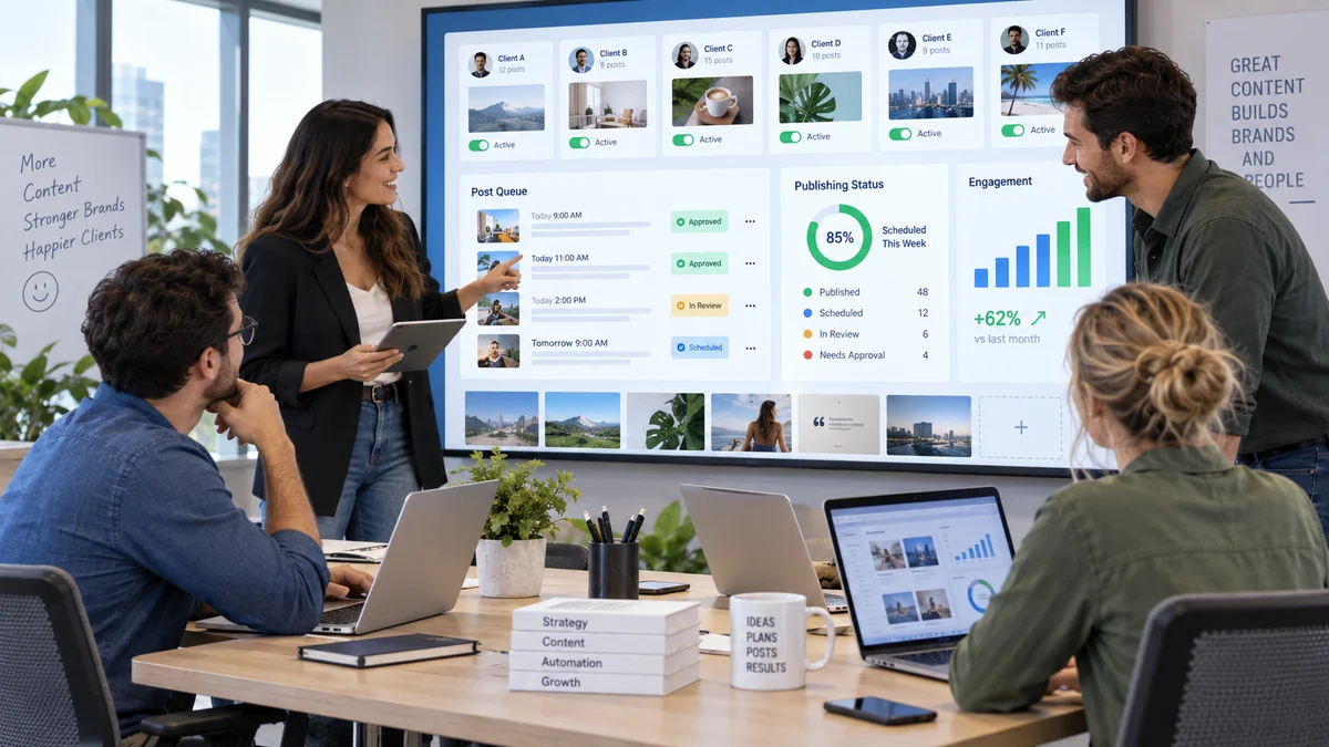 Marketing team managing multiple client accounts with auto posting software