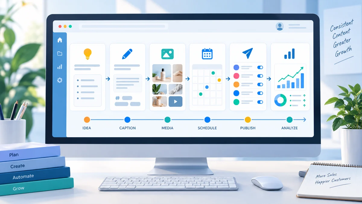 Workflow for automatic posting from content idea to scheduling publishing and analytics