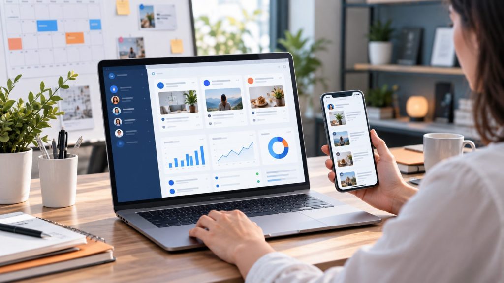 Small business marketer using Facebook account management software to organize campaigns