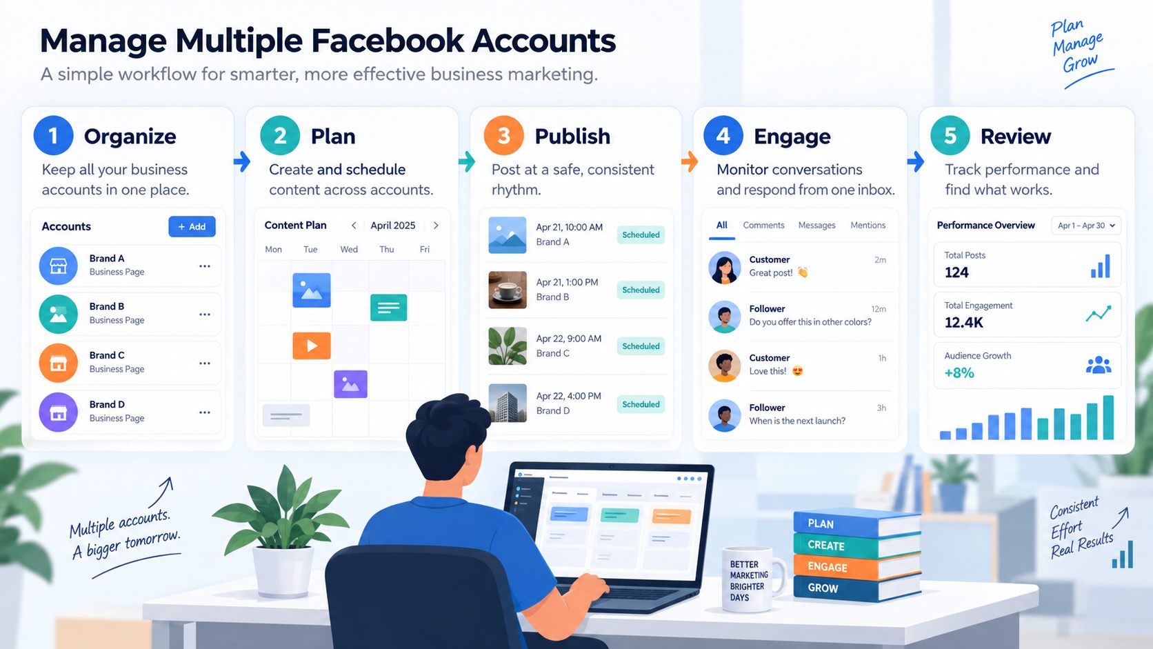 Workflow for managing multiple Facebook accounts with planning publishing engagement and review steps