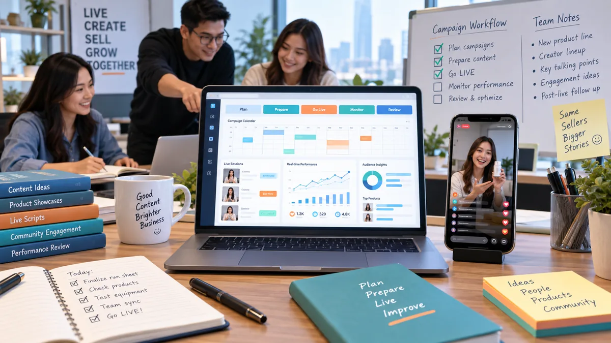 Marketing team using a software workflow to plan and review TikTok LIVE campaigns