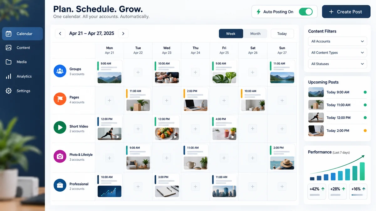 Content calendar showing scheduled posts across multiple social media accounts
