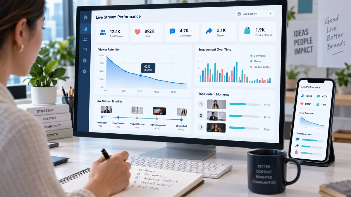 Analytics dashboard showing TikTok LIVE viewers comments retention and product clicks