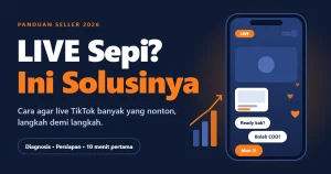 Ilustrasi seller sedang live TikTok dengan gelembung chat dan grafik penonton naik