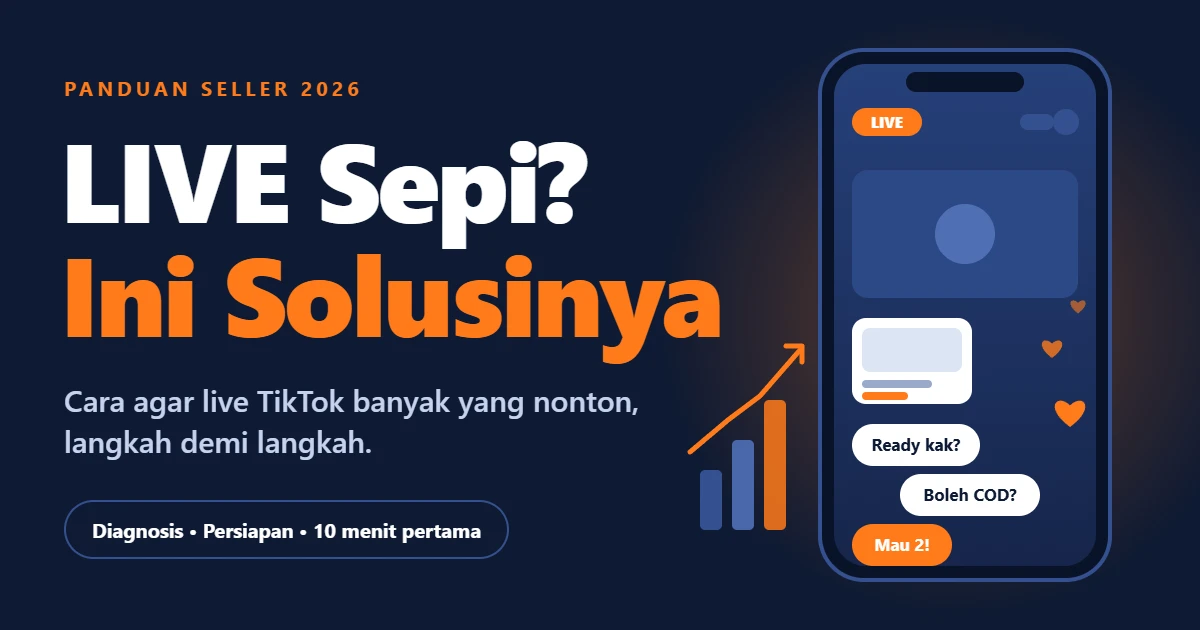 Ilustrasi seller sedang live TikTok dengan gelembung chat dan grafik penonton naik