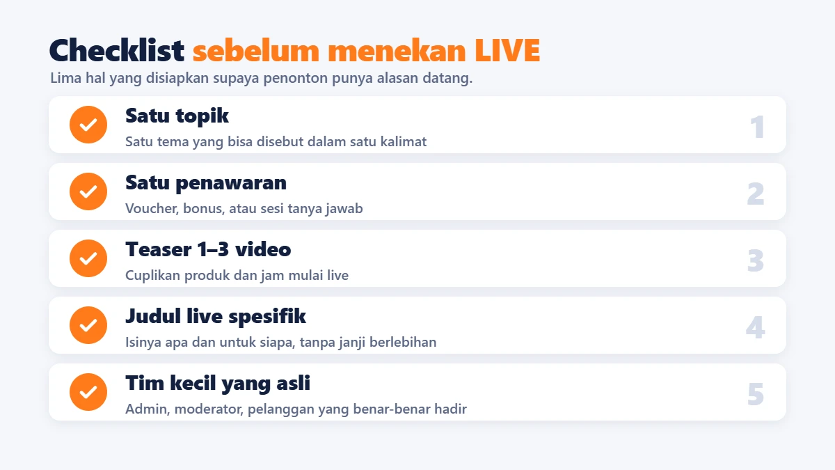 Daftar periksa persiapan sebelum live TikTok: topik, penawaran, teaser, judul, dan tim