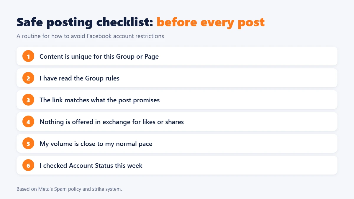 Checklist of safe posting habits before every post, a routine for how to avoid Facebook account restrictions