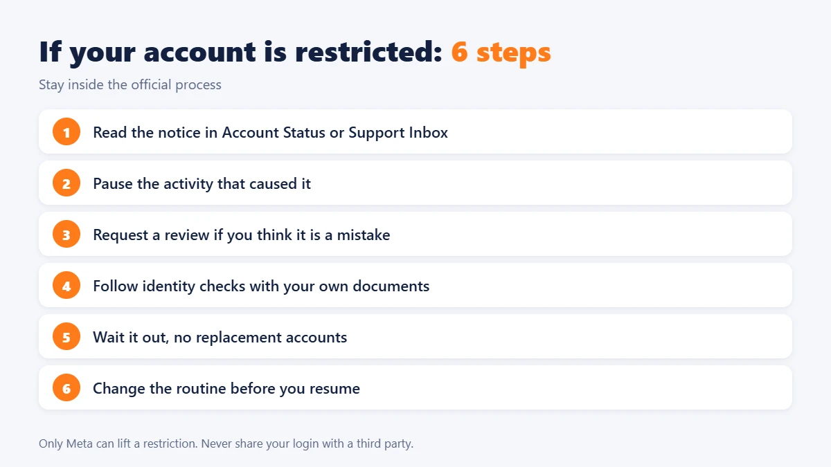 Six steps to follow if your Facebook account is restricted, from reading the notice to requesting a review